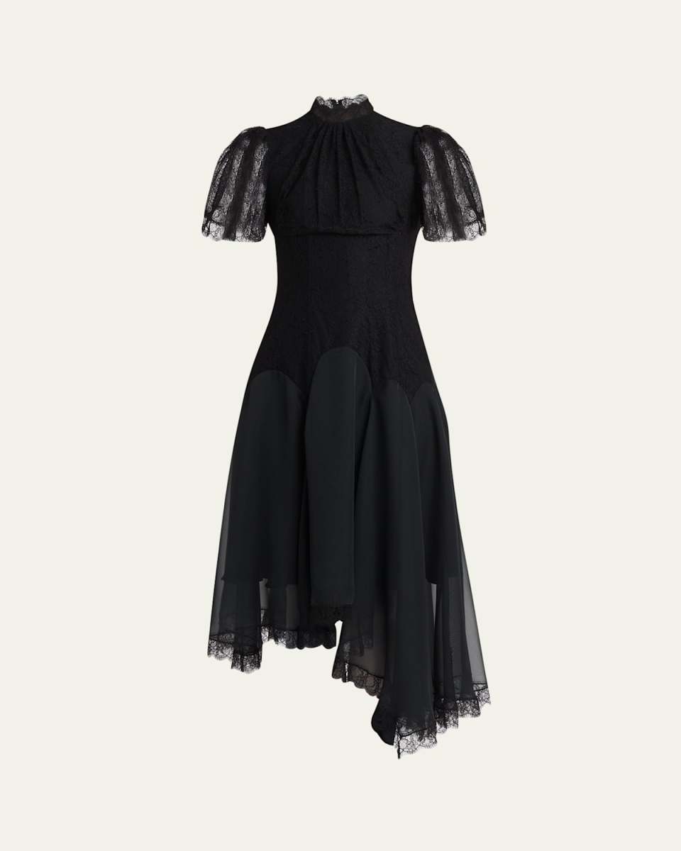 Draped Floral Lace High-Low Midi Dress